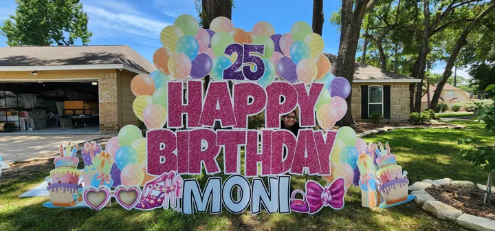 Personalized yard greeting with bright birthday colors